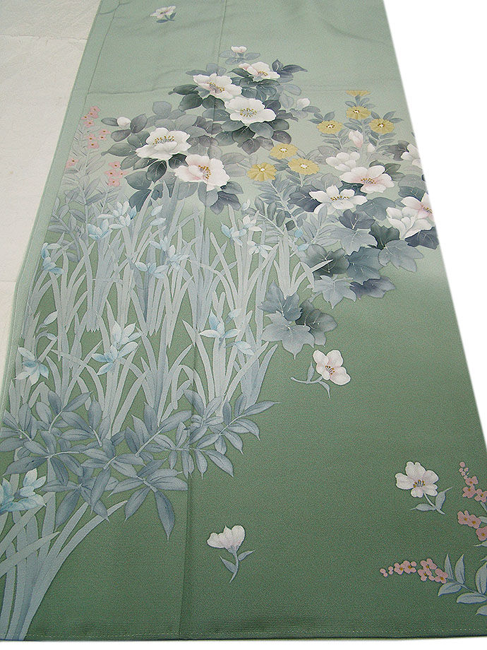 ロング寸 単衣 綸子 金彩加工染 附下げ・訪問着（正絹）仕立上り＜HH2031＞ ロング寸 単衣 綸子 金彩加工染 附下げ・訪問着（正絹）仕立上り