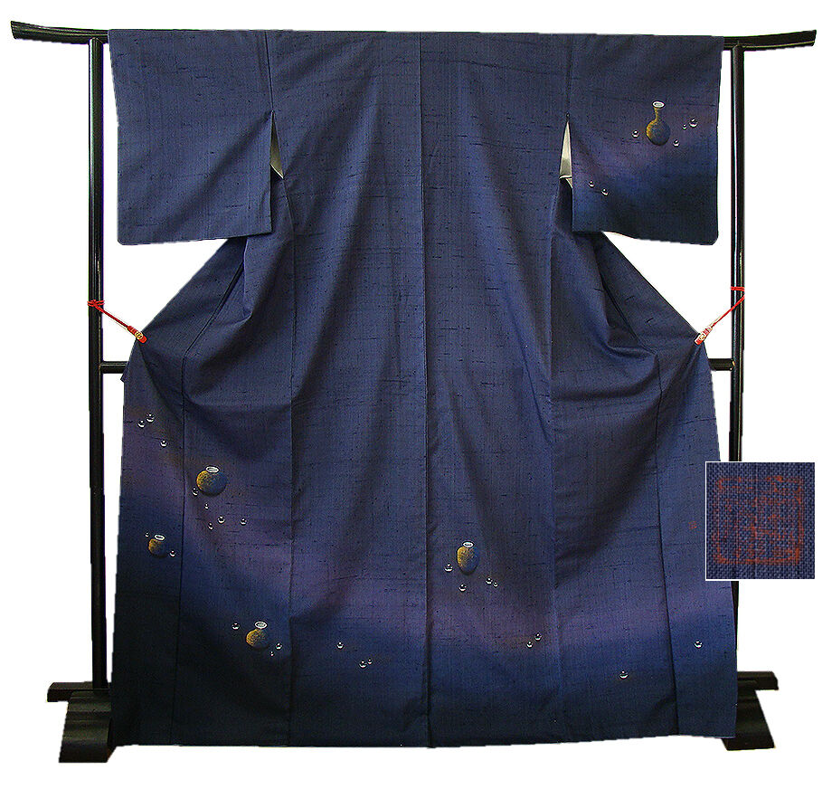 お召 身丈169cm 裄丈70cm L 袷 花唐草 青緑 正絹 逸品 【中古】（時代  