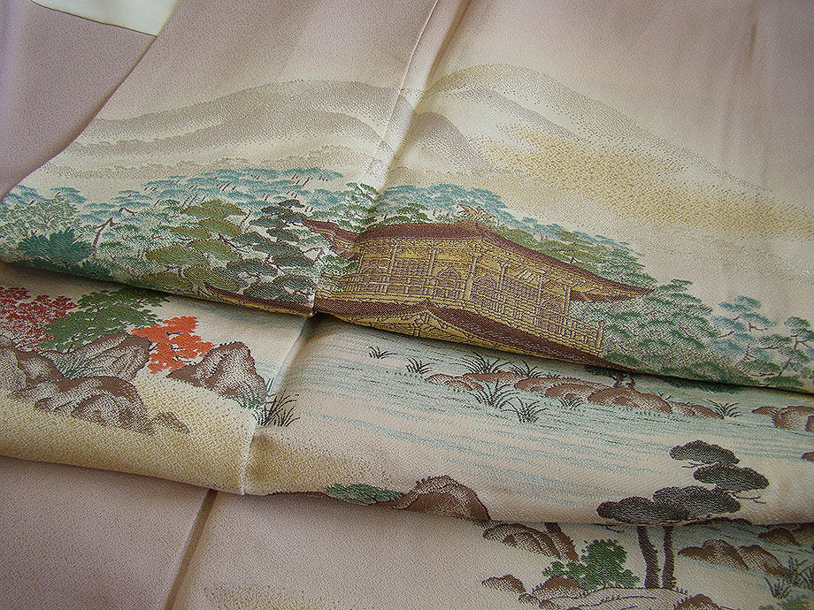 時代屋 裄67.1ｃｍ 極上一越地 寿光織 色留袖 訪問着 正絹 仕立上り 揚羽蝶 袷 152ｃｍ～158ｃｍ Ｄ532