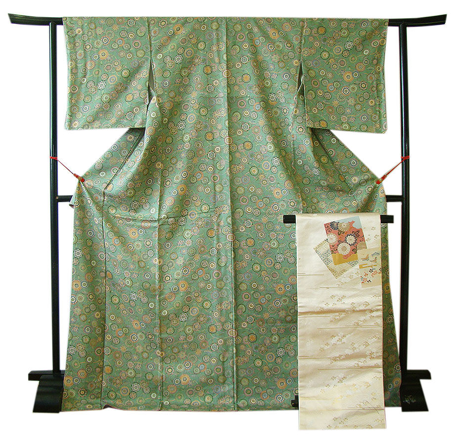 時代屋 裄66.7ｃｍ 極上 丹後 縮緬地 小紋 なごや帯 帯〆 帯揚げ 4点 セット 正絹 未使用 仕付糸付 袷 155ｃｍ～161ｃｍ KK543