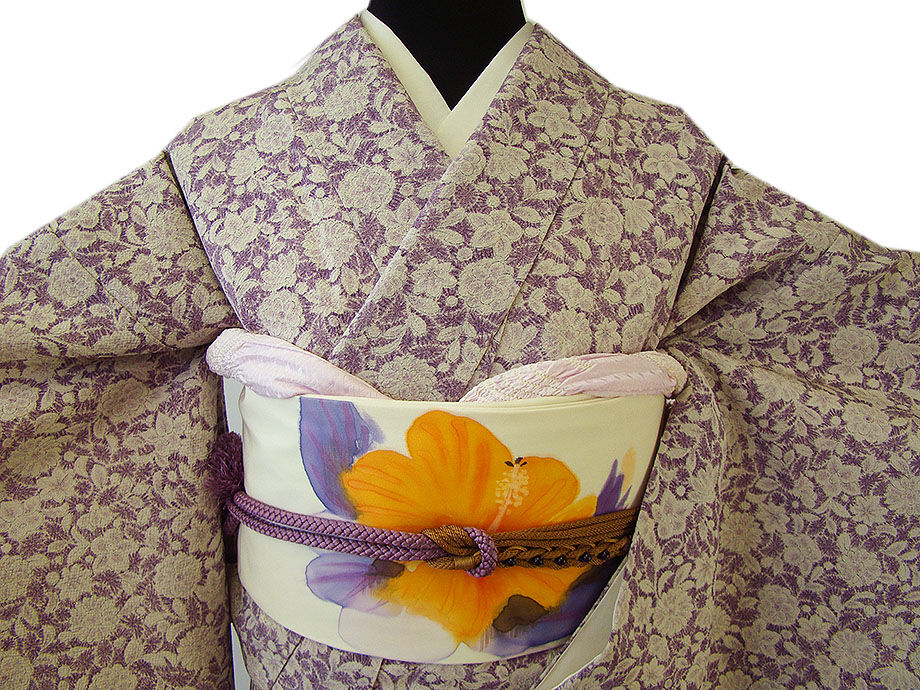 時代屋 裄65.2ｃｍ 縮緬地 小紋 塩瀬 なごや帯 帯〆 帯揚げ 4点 セット 正絹 仕立上り 袷 152ｃｍ～158ｃｍ KK558