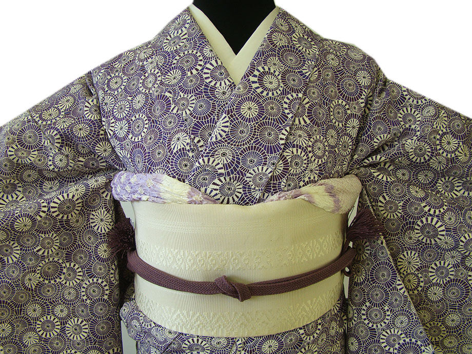 時代屋 裄63.6ｃｍ 一越地 小紋 博多織 なごや帯 帯〆 帯揚げ 4点 セット 正絹 仕立上り 袷 148ｃｍ～154ｃｍ KK559