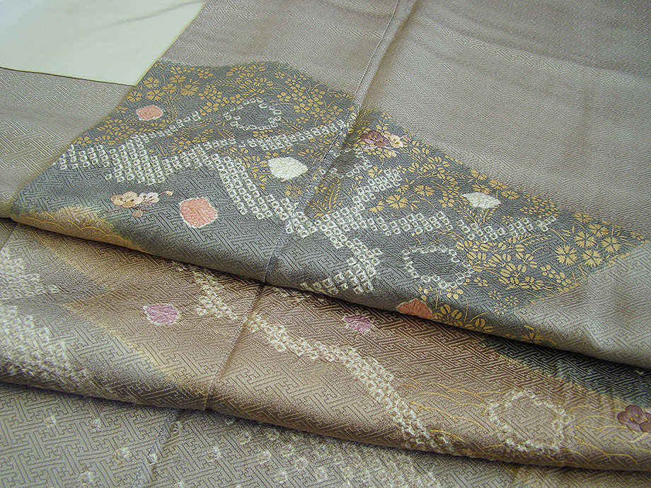 時代屋 裄65.6ｃｍ 紋意匠地 鹿の子絞り 刺繍柄 附下げ 訪問着 正絹 仕立上り 袷 共八掛 刺繍紋 152ｃｍ～158ｃｍ HH1298