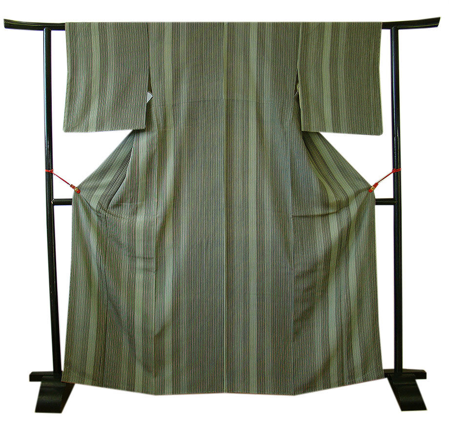 時代屋 裄65.6ｃｍ お茶事 一越地 小粋 間道 小紋 正絹 未使用 仕付糸付 袷 152ｃｍ～158ｃｍ KK477