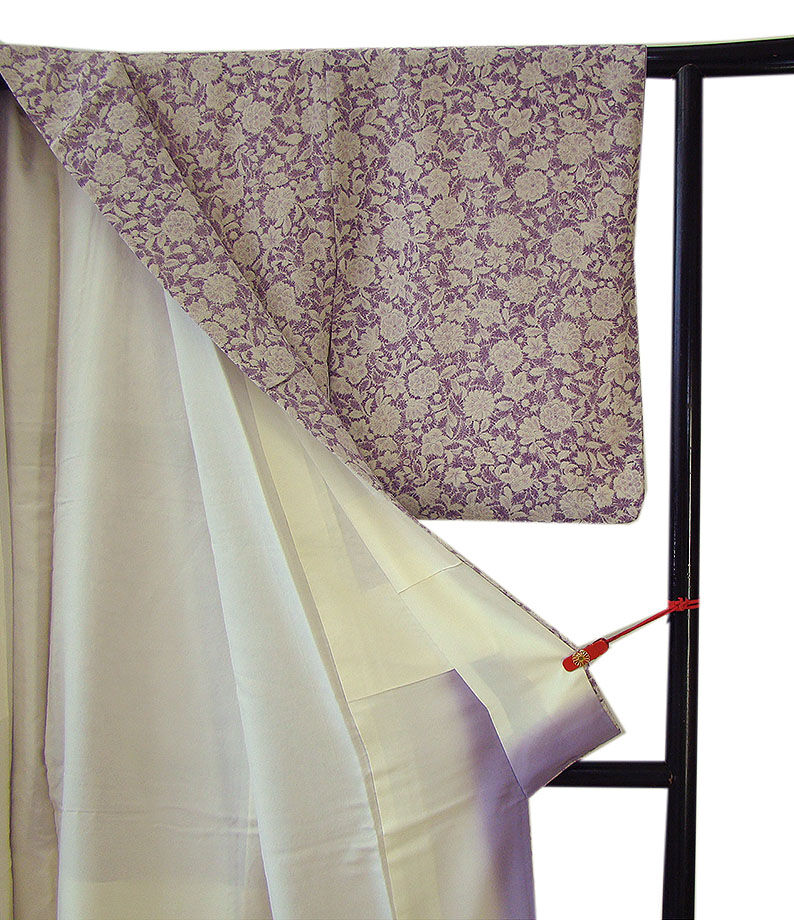 時代屋 裄65.2ｃｍ 縮緬地 小紋 塩瀬 なごや帯 帯〆 帯揚げ 4点 セット 正絹 仕立上り 袷 152ｃｍ～158ｃｍ KK558