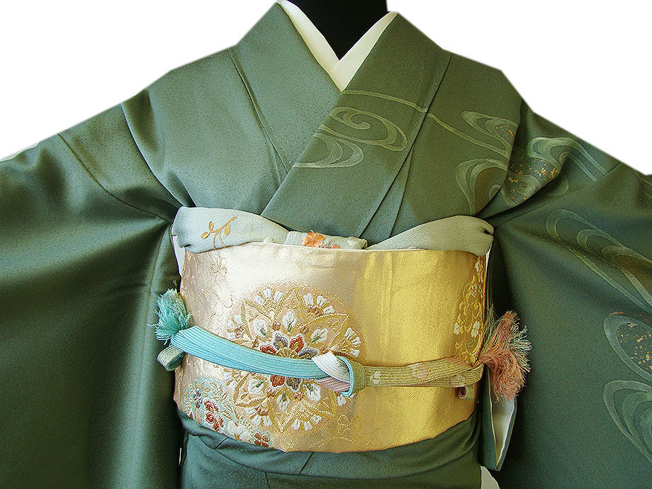 時代屋 裄64.4ｃｍ 綸子地 附下げ 訪問着 西陣織 袋帯 帯揚げ 帯〆 4点 セット 正絹 仕立上り 袷 150ｃｍ～156ｃｍ HH1278