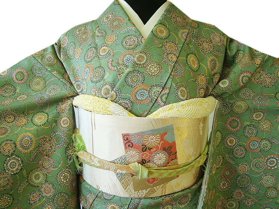 時代屋 裄66.7ｃｍ 極上 丹後 縮緬地 小紋 なごや帯 帯〆 帯揚げ 4点 セット 正絹 未使用 仕付糸付 袷 155ｃｍ～161ｃｍ KK543