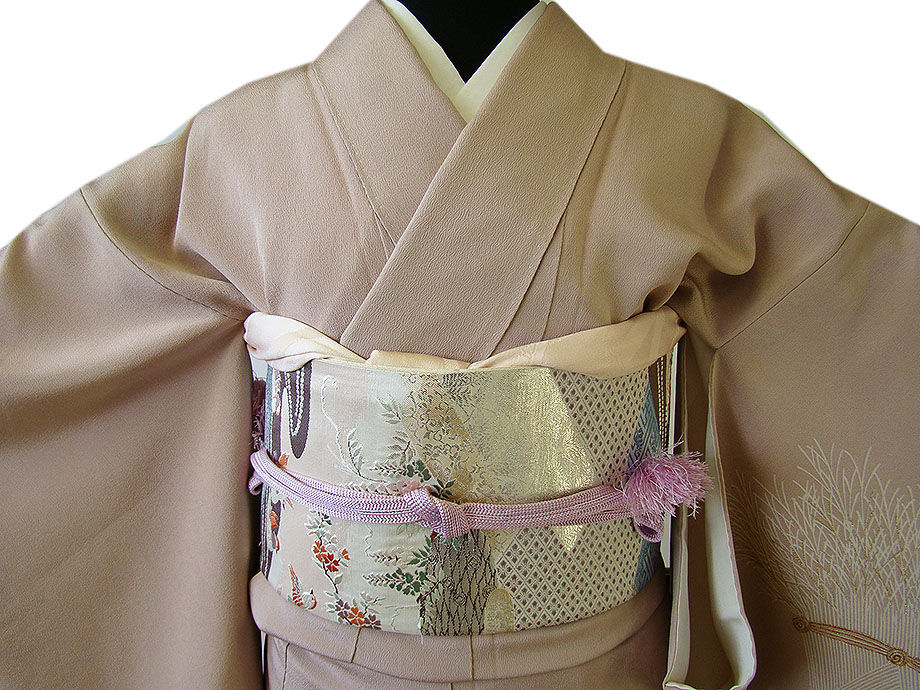 時代屋 裄63.3ｃｍ S寸 縮緬地 附下げ 訪問着 西陣織 袋帯 帯〆 帯揚げ 4点 セット 正絹 仕立上り 袷 丸に桔梗 147ｃｍ～153ｃｍ HH1079