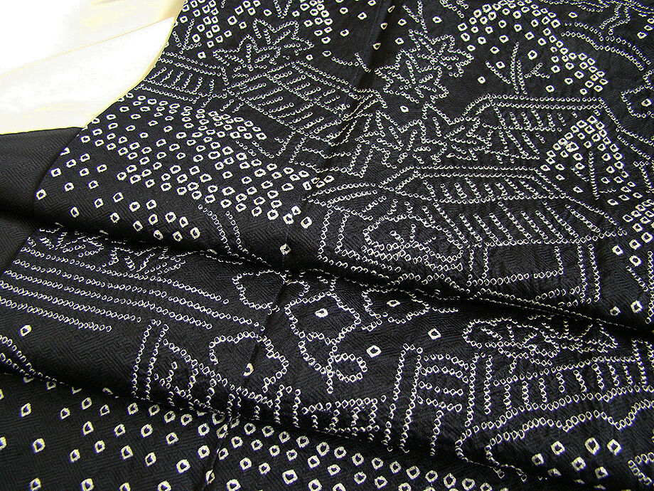 時代屋 裄66.3cm 紋意匠地 黒地 鹿の子絞り 附下げ 袷 訪問着 正絹 仕立上り 150cm~156cm L368