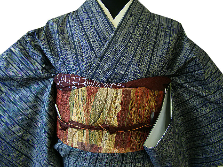 時代屋 裄64.4ｃｍ 大島紬 櫛織 袋帯 帯揚げ 帯〆 ４点 セット 正絹 仕立上り 袷 150ｃｍ～156ｃｍ TT276