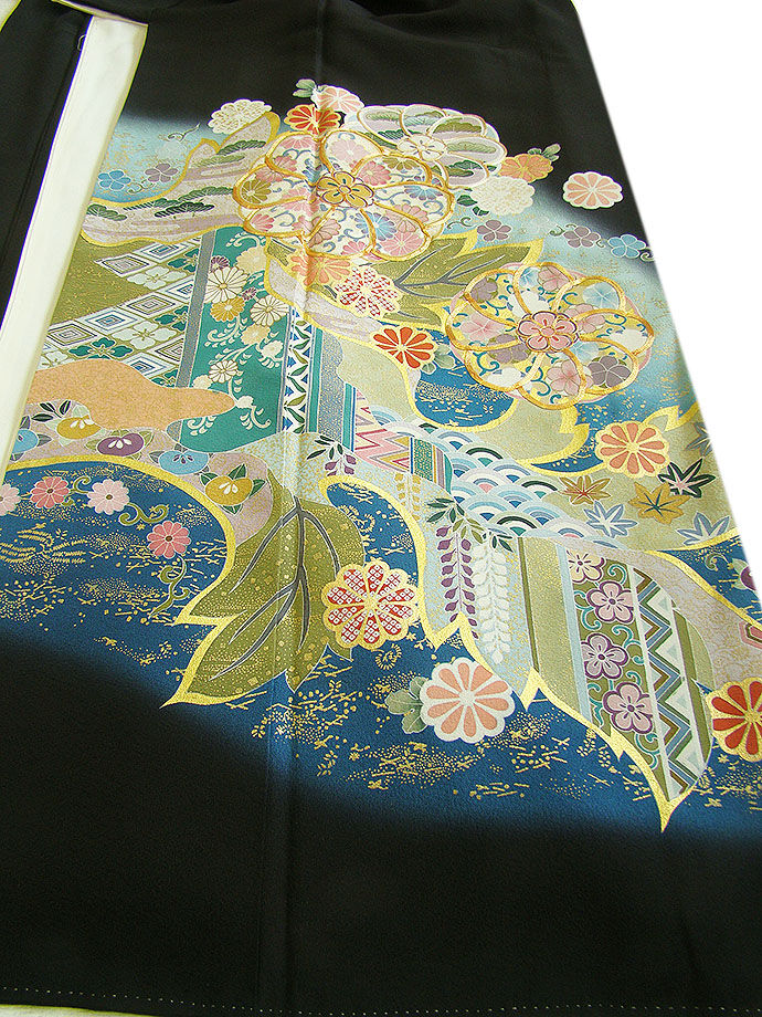 時代屋 裄70.1ｃｍ ロング寸 結婚式 作家物 縮緬地 金彩加工染柄 黒留袖 正絹 仕立上り 袷 丸に違い丁子 158ｃｍ～165ｃｍ D559