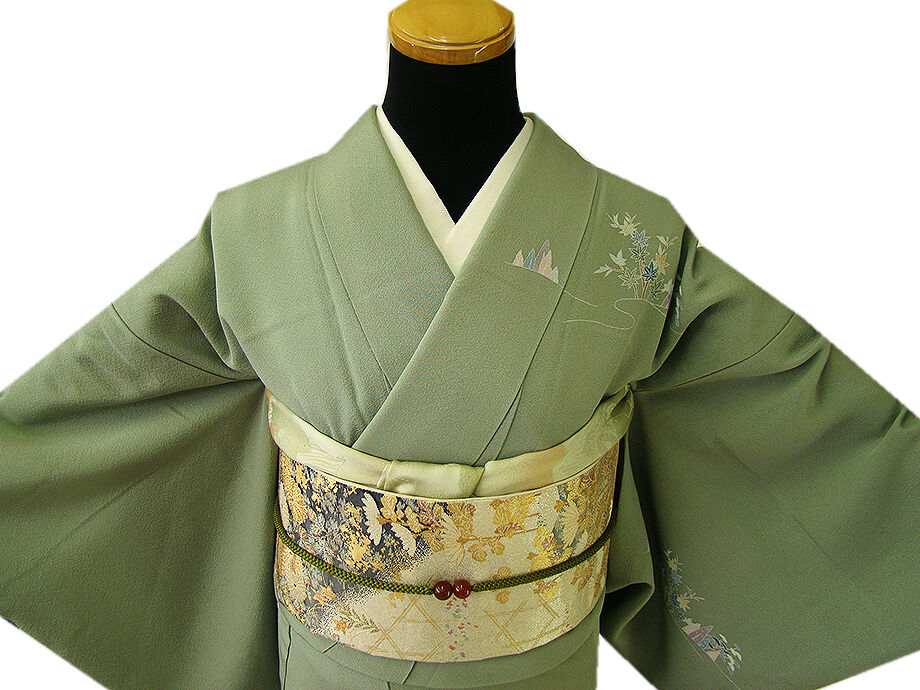 女性和服、着物 時代屋 裄65.6cm 綸子地 附下げ 訪問着 西陣織 袋帯 