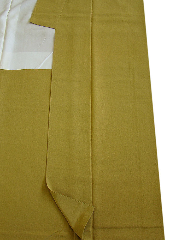 時代屋 裄67.5ｃｍ お茶事 縮緬地 からし色 色無地 正絹 未使用 仕付糸付 共八掛 袷 丸に桔梗 156ｃｍ～162cm Ｍ799