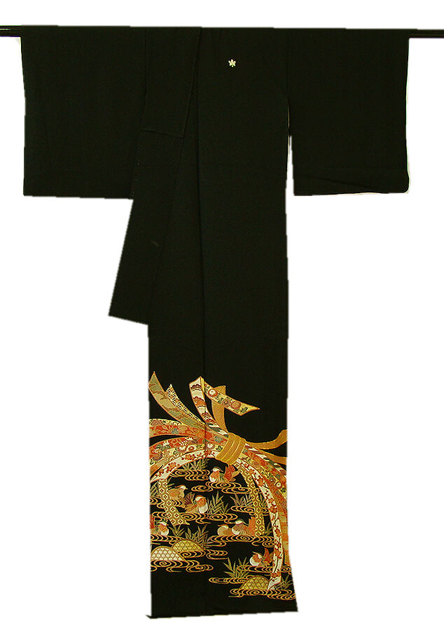 【美品】留袖風 黒 金 ゴールド シック 振袖 成人式 正絹 スタイリッシュ 鶴 ケイNo.113 着物 黒留袖 金彩 鶴文様 13枚まとめ売り 大処分 | 黒留袖