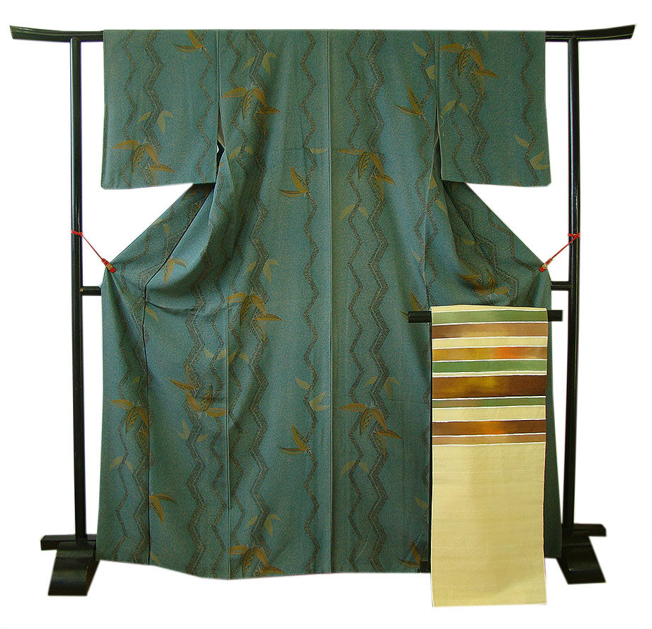 時代屋 裄63.3ｃｍ 一越地 小紋 なごや帯 帯〆 帯揚げ 4点 セット 正絹 未使用 仕付糸付 袷 148ｃｍ～154ｃｍ KK497