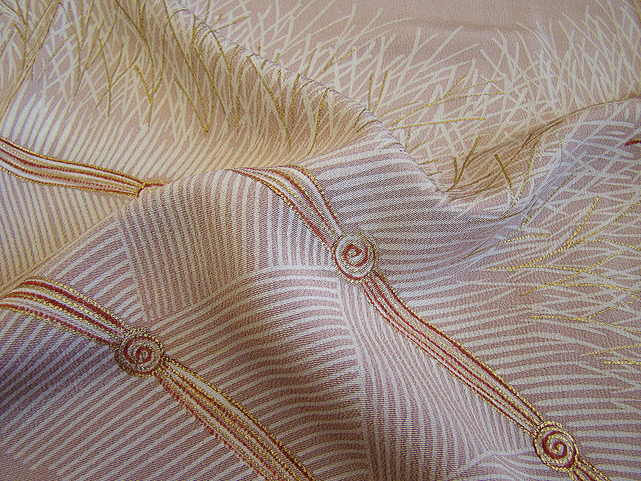 時代屋 裄63.3ｃｍ S寸 縮緬地 附下げ 訪問着 西陣織 袋帯 帯〆 帯揚げ 4点 セット 正絹 仕立上り 袷 丸に桔梗 147ｃｍ～153ｃｍ HH1079