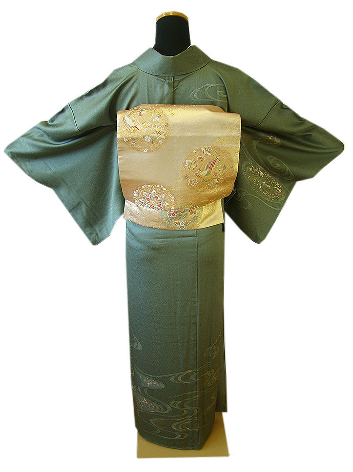 時代屋 裄64.4ｃｍ 綸子地 附下げ 訪問着 西陣織 袋帯 帯揚げ 帯〆 4点 セット 正絹 仕立上り 袷 150ｃｍ～156ｃｍ HH1278