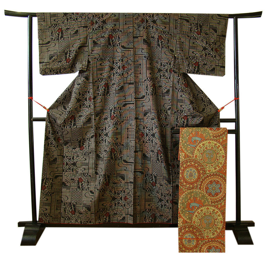 時代屋 裄66.7ｃｍ 本場 大島紬 なごや帯 帯揚げ 帯〆 ４点 セット 正絹 径横絣 7マルキ 仕立上り 袷 148ｃｍ～154ｃｍ TT542