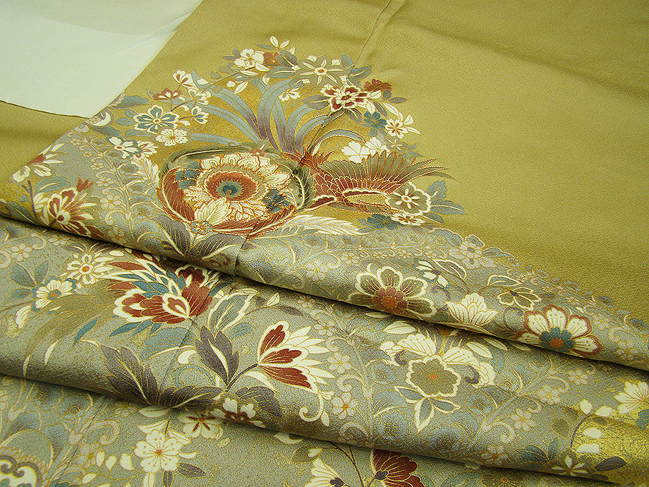 時代屋 裄67.1ｃｍ 紋意匠地 金彩加工染 訪問着.色留 正絹 袷 訪問着仕様 共八掛 156ｃｍ～162cm Ｄ555