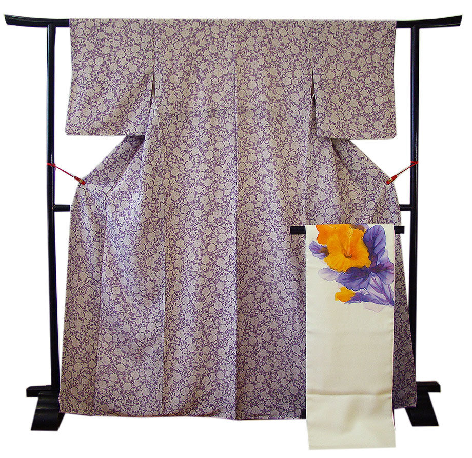 時代屋 裄65.2ｃｍ 縮緬地 小紋 塩瀬 なごや帯 帯〆 帯揚げ 4点 セット 正絹 仕立上り 袷 152ｃｍ～158ｃｍ KK558