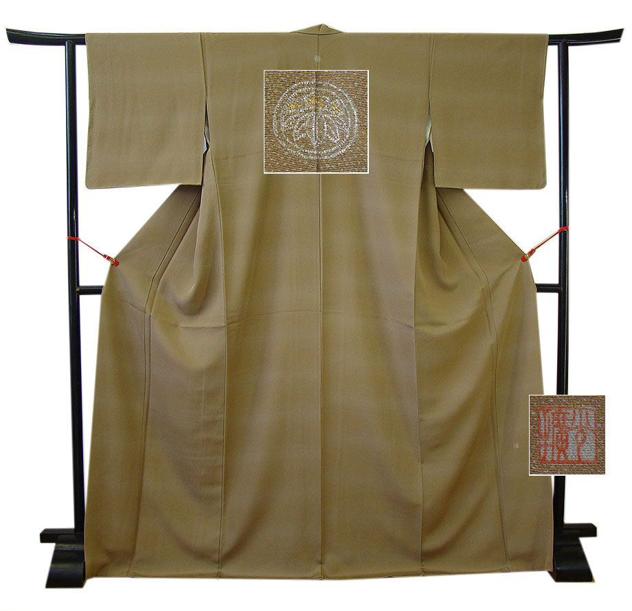 時代屋 裄67.5ｃｍ 作家物 たたき染 無地 小紋 正絹 未使用 仕付糸付 袷 丸に笹竜胆 156ｃｍ～162cm KK513