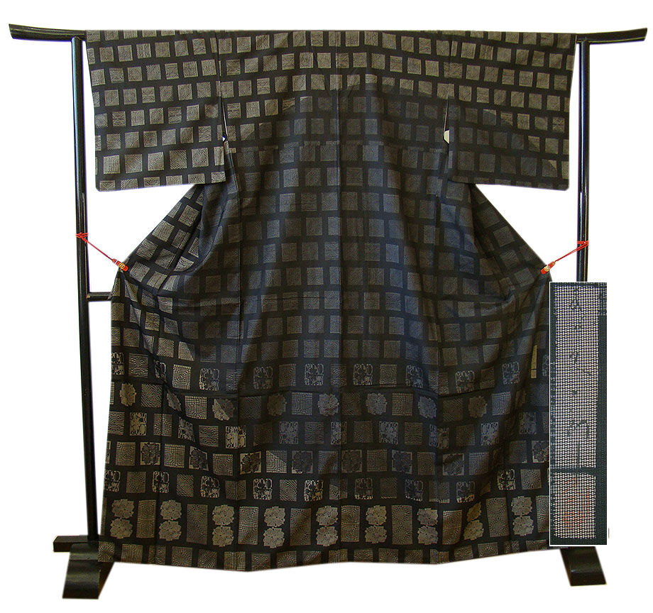 時代屋 裄69.4cm ロング寸 作家物 黒地 本場 縞大島紬 附下げ 訪問着