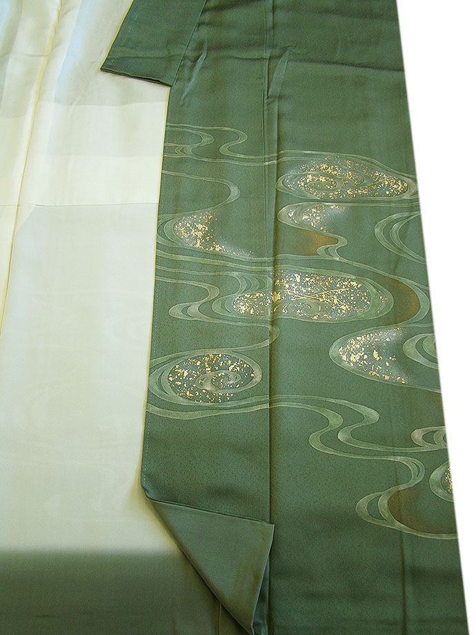 時代屋 裄64.4ｃｍ 綸子地 附下げ 訪問着 西陣織 袋帯 帯揚げ 帯〆 4点 セット 正絹 仕立上り 袷 150ｃｍ～156ｃｍ HH1278