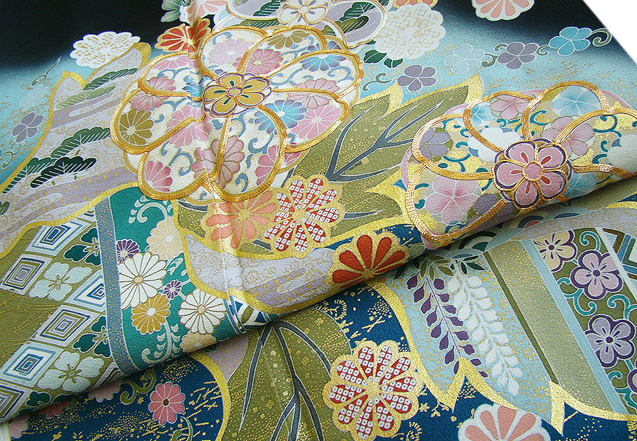 時代屋 裄70.1ｃｍ ロング寸 結婚式 作家物 縮緬地 金彩加工染柄 黒留袖 正絹 仕立上り 袷 丸に違い丁子 158ｃｍ～165ｃｍ D559