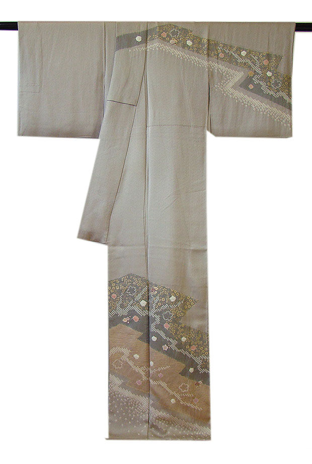 時代屋 裄65.6ｃｍ 紋意匠地 鹿の子絞り 刺繍柄 附下げ 訪問着 正絹 仕立上り 袷 共八掛 刺繍紋 152ｃｍ～158ｃｍ HH1298