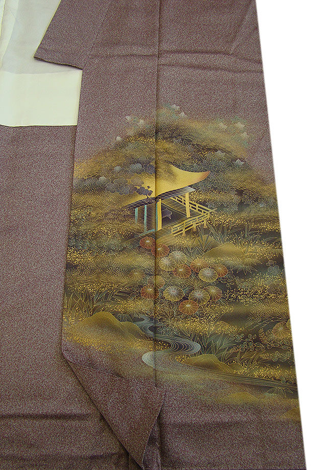 時代屋 裄65.2ｃｍ 綸子地 附下げ 訪問着 西陣織 袋帯 帯揚 帯〆 4点 セット 正絹 仕立上り 袷 共八掛 抱き茗荷 158ｃｍ～165ｃｍ HH1338