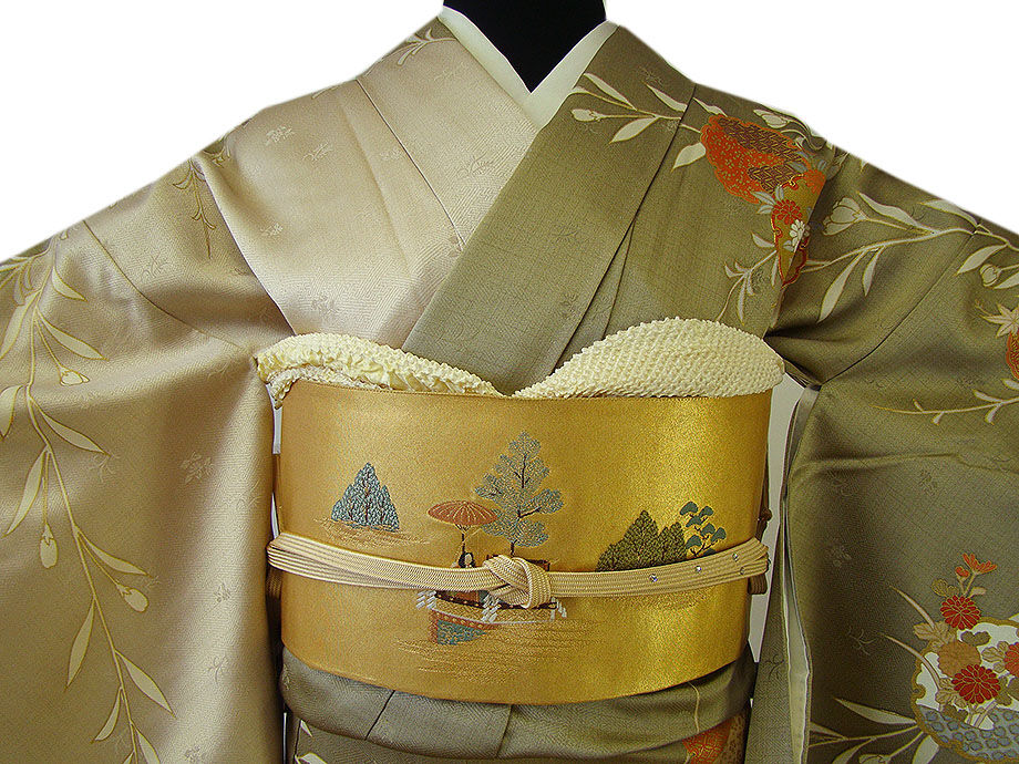 時代屋 裄65.6ｃｍ 紋意匠地 附下げ 訪問着 袋帯 西陣織 帯揚げ 帯〆 4点 セット 正絹 仕立上り 袷 152ｃｍ～158ｃｍ HH1301