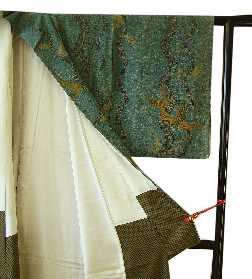 時代屋 裄63.3ｃｍ 一越地 小紋 なごや帯 帯〆 帯揚げ 4点 セット 正絹 未使用 仕付糸付 袷 148ｃｍ～154ｃｍ KK497