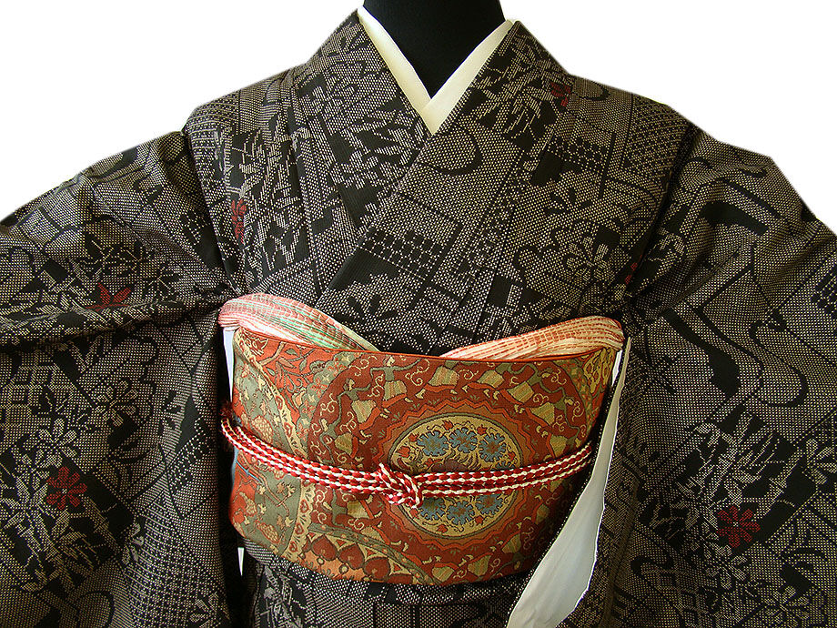 時代屋 裄66.7ｃｍ 本場 大島紬 なごや帯 帯揚げ 帯〆 ４点 セット 正絹 径横絣 7マルキ 仕立上り 袷 148ｃｍ～154ｃｍ TT542