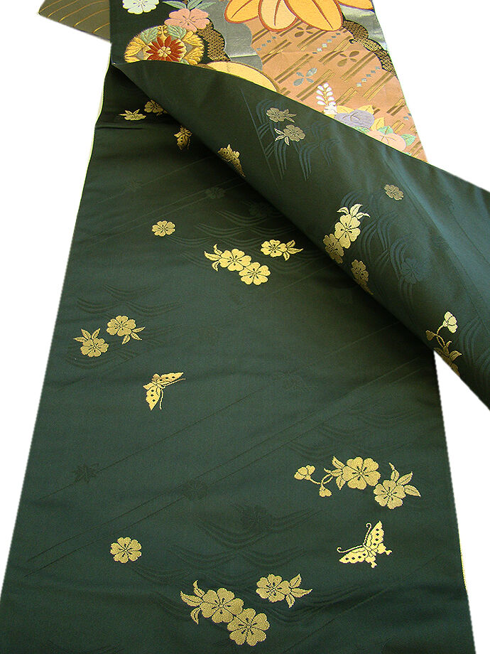 買取り実績 深緑色 振袖用 時代屋 西陣織 F541 仕立上り 正絹 袋帯