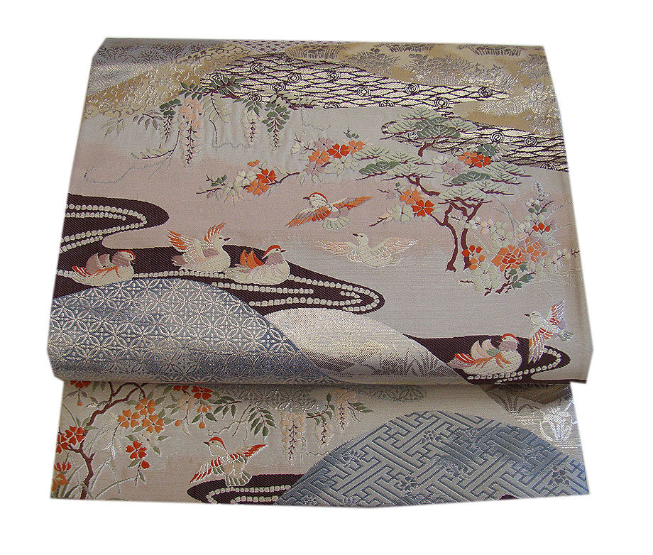 時代屋 裄63.3ｃｍ S寸 縮緬地 附下げ 訪問着 西陣織 袋帯 帯〆 帯揚げ 4点 セット 正絹 仕立上り 袷 丸に桔梗 147ｃｍ～153ｃｍ HH1079