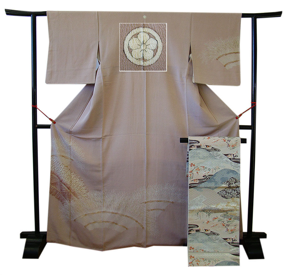 時代屋 裄63.3ｃｍ S寸 縮緬地 附下げ 訪問着 西陣織 袋帯 帯〆 帯揚げ 4点 セット 正絹 仕立上り 袷 丸に桔梗 147ｃｍ～153ｃｍ HH1079