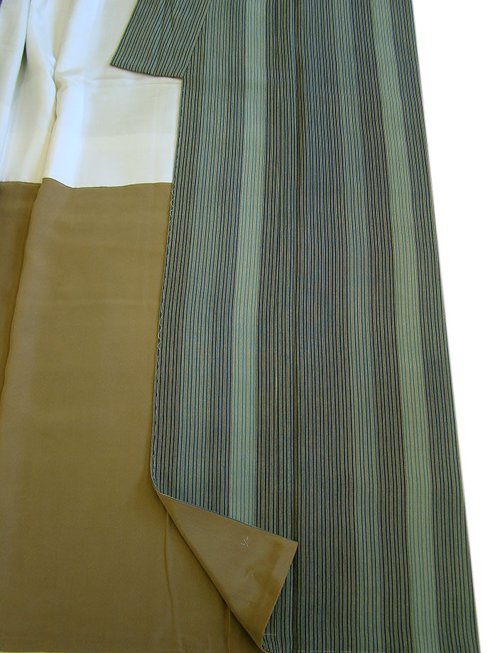 時代屋 裄65.6ｃｍ お茶事 一越地 小粋 間道 小紋 正絹 未使用 仕付糸付 袷 152ｃｍ～158ｃｍ KK477