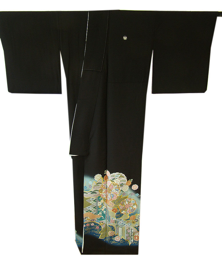 時代屋 裄70.1ｃｍ ロング寸 結婚式 作家物 縮緬地 金彩加工染柄 黒留袖 正絹 仕立上り 袷 丸に違い丁子 158ｃｍ～165ｃｍ D559