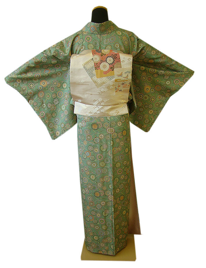 時代屋 裄66.7ｃｍ 極上 丹後 縮緬地 小紋 なごや帯 帯〆 帯揚げ 4点 セット 正絹 未使用 仕付糸付 袷 155ｃｍ～161ｃｍ KK543