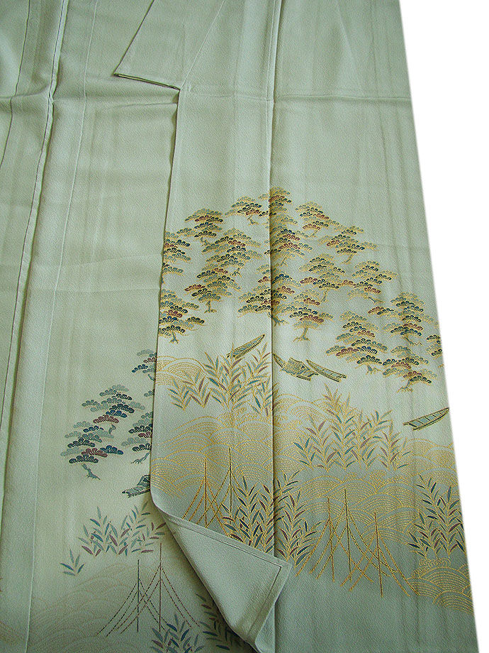 時代屋 裄63.6ｃｍ 単衣 縮緬地 金彩加工染 附下げ 訪問着 正絹 仕立上り 148ｃｍ～154ｃｍ HH1435