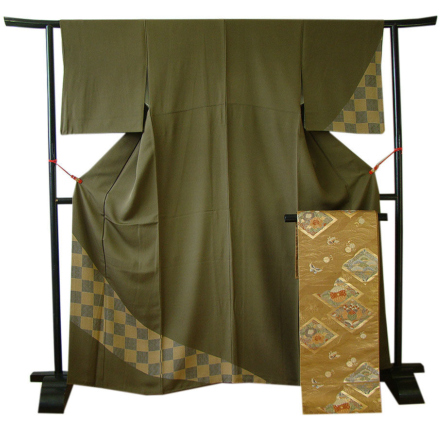 時代屋 裄67.5ｃｍ 縮緬地 附下げ 訪問着 西陣織 袋帯 帯揚 帯〆 4点 セット 正絹 仕立上り 袷 共八掛 152ｃｍ～158ｃｍ HH1327