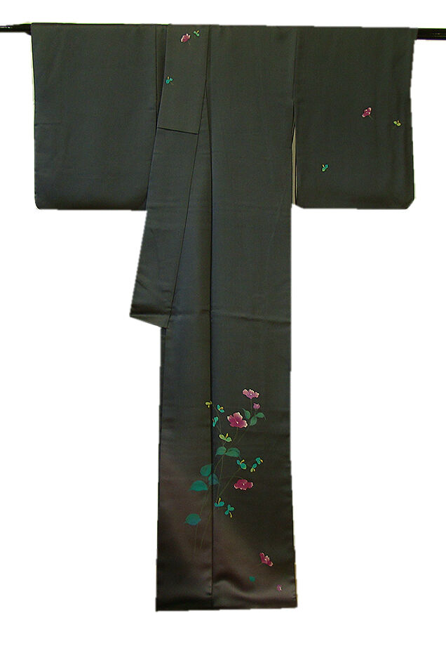 時代屋 美品！大特価！裄67.5ｃｍ お茶事 綸子地 小粋な黒字 附下げ 正絹 仕立上り 袷 156ｃｍ～162cm ＨH211