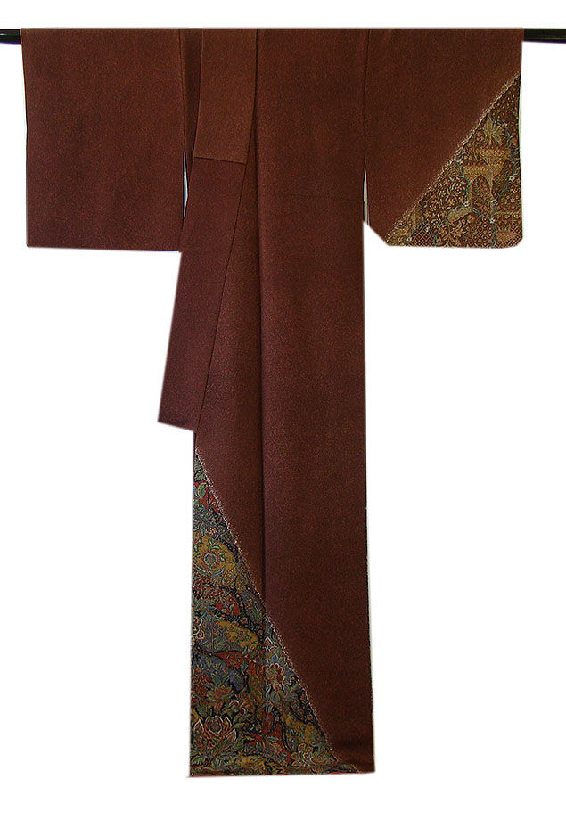 時代屋 裄66.7ｃｍ 二代目更甚 極上縮緬地 更紗柄 附下げ 訪問着 正絹 仕立上り 袷 155ｃｍ～161ｃｍ HH1220