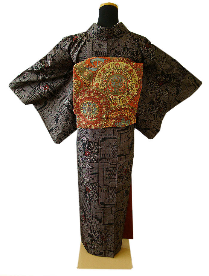 時代屋 裄66.7ｃｍ 本場 大島紬 なごや帯 帯揚げ 帯〆 ４点 セット 正絹 径横絣 7マルキ 仕立上り 袷 148ｃｍ～154ｃｍ TT542