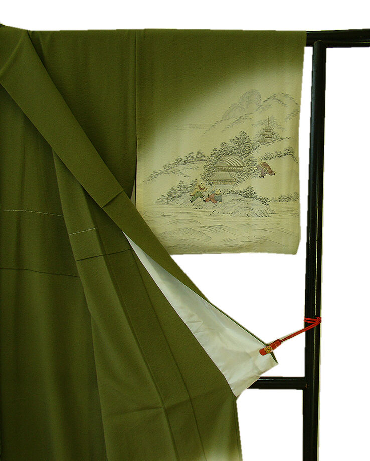 時代屋 裄66.3ｃｍ 加納義巳 作家物 単衣 縮緬地 本加工染 附下げ 訪問着 正絹 仕立上り 154ｃｍ～160ｃｍ HH868