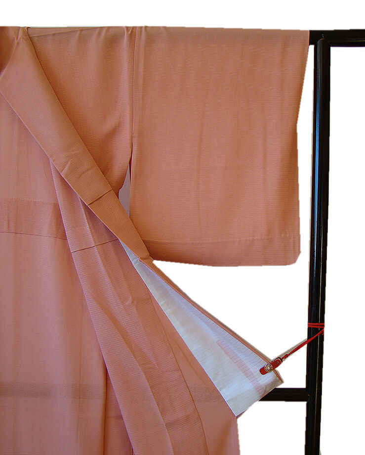 時代屋 裄68.2ｃｍ 夏物 駒絽 ５本絽 甚三紅色 色無地 正絹 仕立上り 丸に三つ柏 155ｃｍ～161ｃｍ Ｍ686