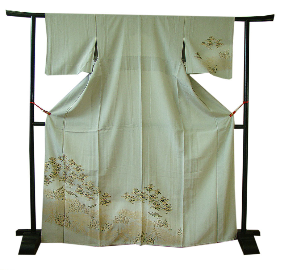 時代屋 裄63.6ｃｍ 単衣 縮緬地 金彩加工染 附下げ 訪問着 正絹 仕立上り 148ｃｍ～154ｃｍ HH1435