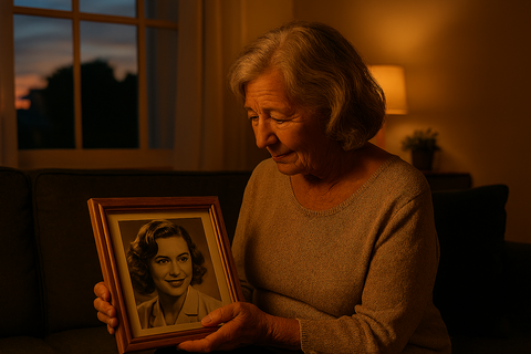 若い頃の自分をみる女性