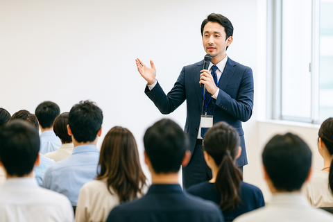セミナーで登壇する男性