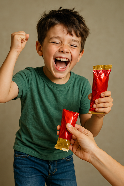 ご褒美をもらって喜ぶ少年